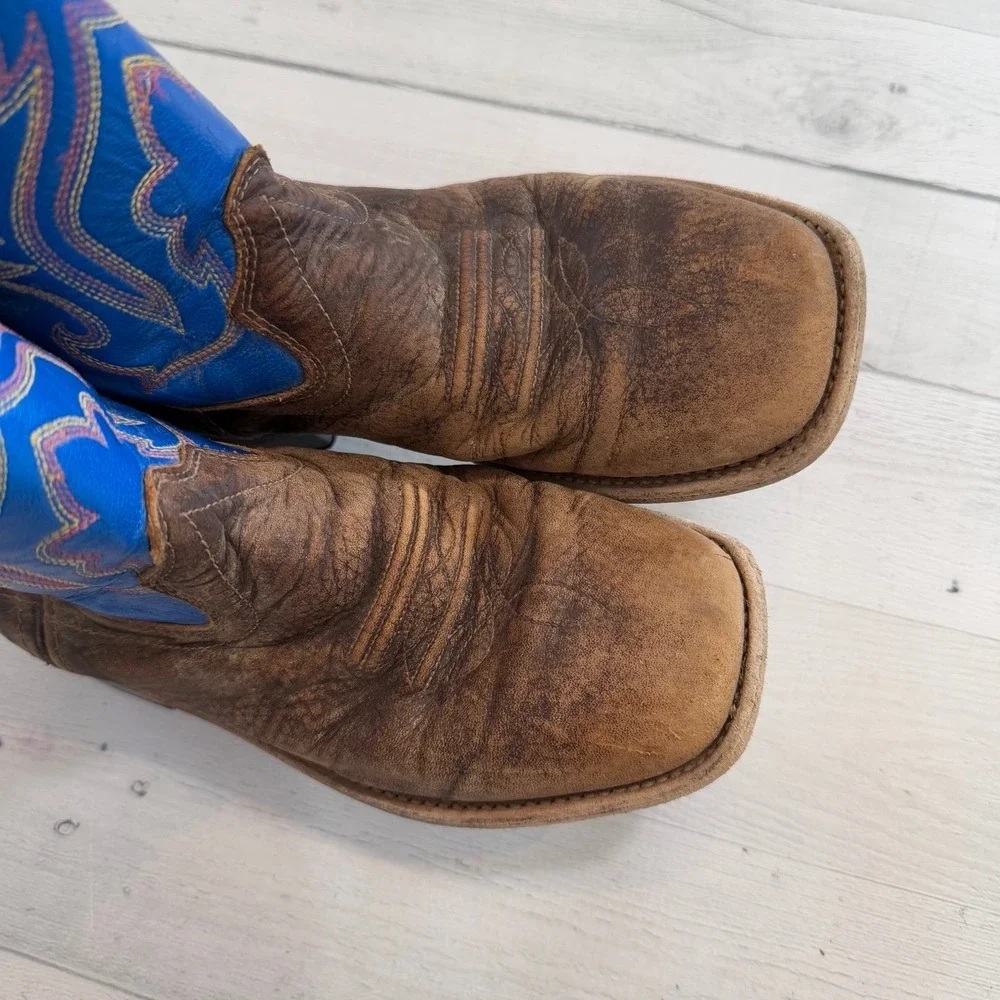 Old West Blue Brown Leather Square Toe Western Cowboy Boots kids size‎ 1.5